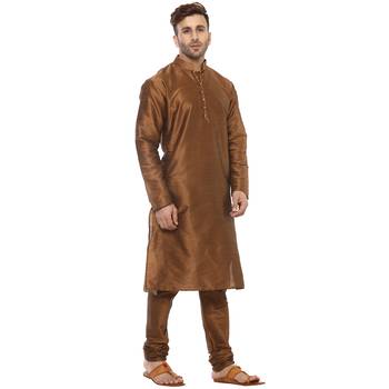 Brown Plain Silk Blend Kurta Pajama 3