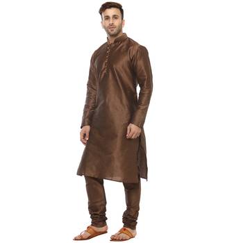 Brown Plain Silk Blend Kurta Pajama 2