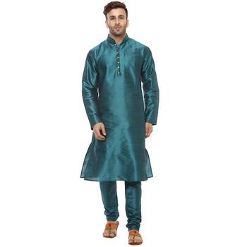 Green Plain Silk Blend Kurta Pajama 1