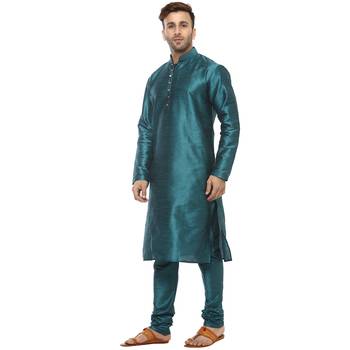 Green Plain Silk Blend Kurta Pajama 2