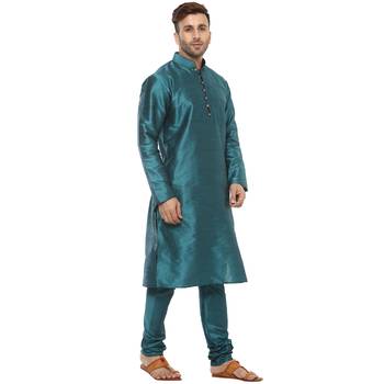 Green Plain Silk Blend Kurta Pajama 3