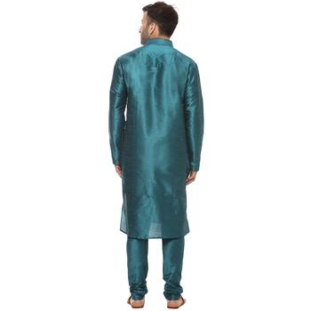 Green Plain Silk Blend Kurta Pajama 4