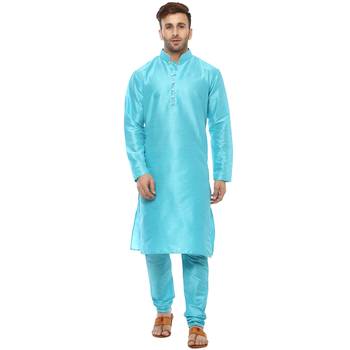 Blue Plain Silk Blend Kurta Pajama 1