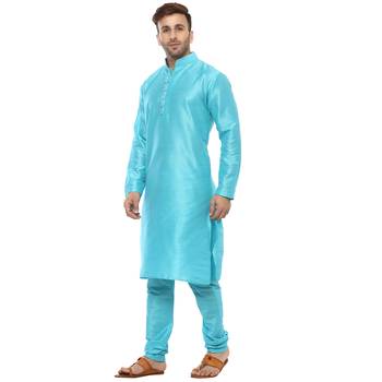 Blue Plain Silk Blend Kurta Pajama 2