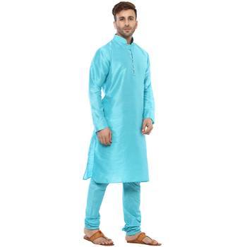 Blue Plain Silk Blend Kurta Pajama 3