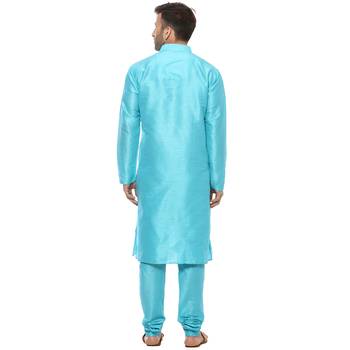 Blue Plain Silk Blend Kurta Pajama 4