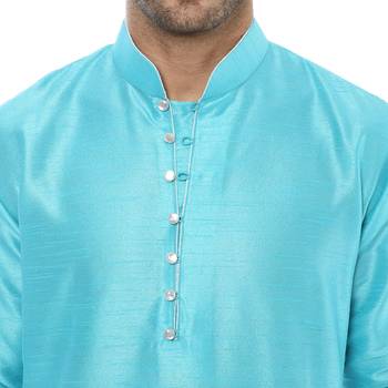 Blue Plain Silk Blend Kurta Pajama 5