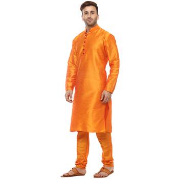 Gold Plain Silk Blend Kurta Pajama 2