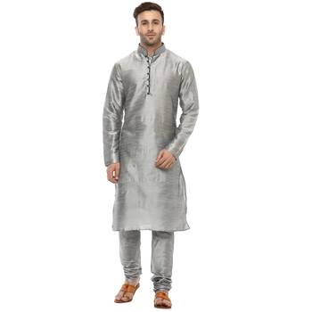 Grey Plain Silk Blend Kurta Pajama 1