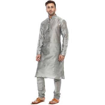 Grey Plain Silk Blend Kurta Pajama 2