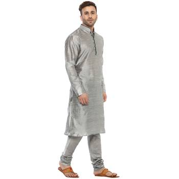 Grey Plain Silk Blend Kurta Pajama 3