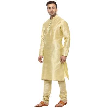 Gold Plain Silk Blend Kurta Pajama 2
