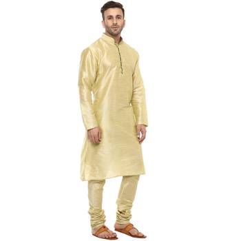 Gold Plain Silk Blend Kurta Pajama 3