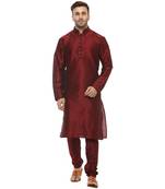 Maroon Plain Silk Blend Kurta Pajama