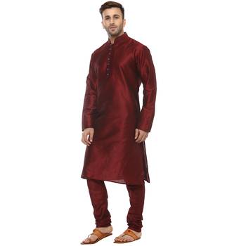 Maroon Plain Silk Blend Kurta Pajama 2