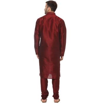 Maroon Plain Silk Blend Kurta Pajama 4