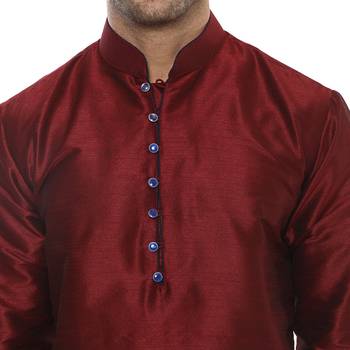 Maroon Plain Silk Blend Kurta Pajama 5
