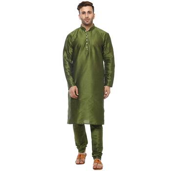 Green Plain Silk Blend Kurta Pajama 1