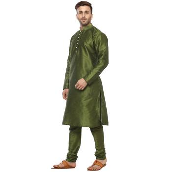 Green Plain Silk Blend Kurta Pajama 2