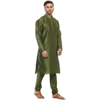 Green Plain Silk Blend Kurta Pajama 3