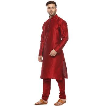 Red plain silk blend kurta pajama 2
