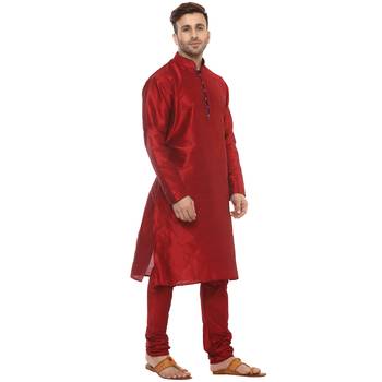 Red plain silk blend kurta pajama 3
