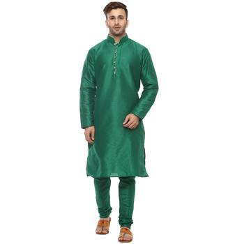 Green Plain Silk Blend Kurta Pajama 1