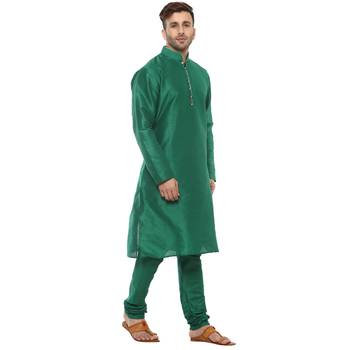 Green Plain Silk Blend Kurta Pajama 2