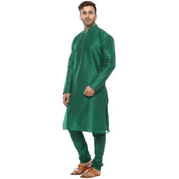 Green Plain Silk Blend Kurta Pajama 3