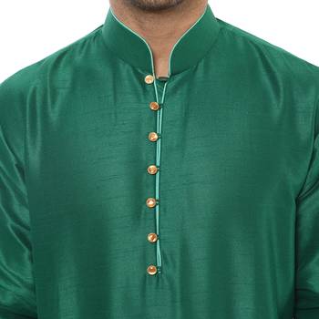 Green Plain Silk Blend Kurta Pajama 5