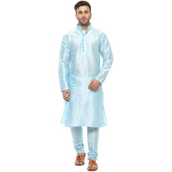 Blue Plain Silk Blend Kurta Pajama 1