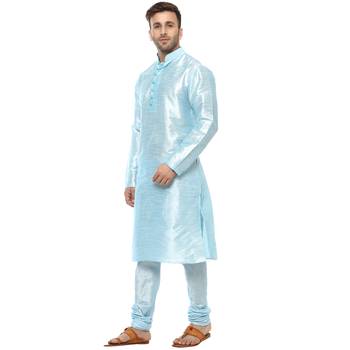 Blue Plain Silk Blend Kurta Pajama 2