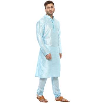 Blue Plain Silk Blend Kurta Pajama 3