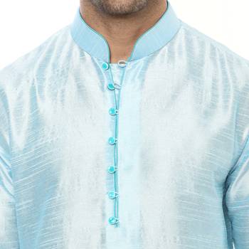 Blue Plain Silk Blend Kurta Pajama 5