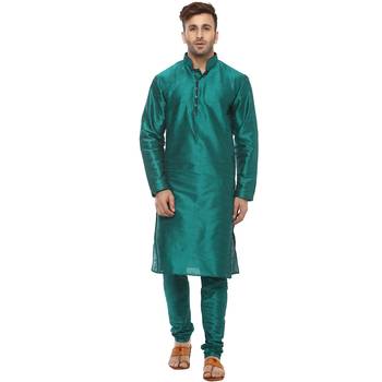 Turquoise Plain Silk Blend Kurta Pajama 1