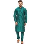 Turquoise Plain Silk Blend Kurta Pajama