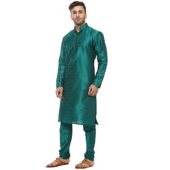 Turquoise Plain Silk Blend Kurta Pajama 2