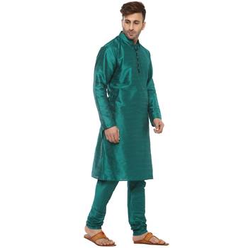 Turquoise Plain Silk Blend Kurta Pajama 3