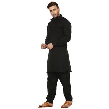 Black Plain Cotton Pathani Suit 2