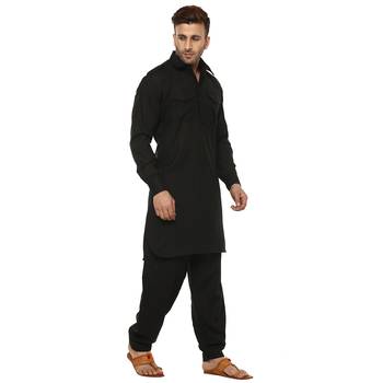 Black Plain Cotton Pathani Suit 3