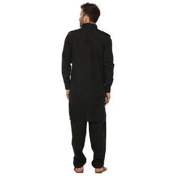 Black Plain Cotton Pathani Suit 4