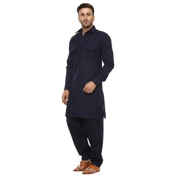 Blue Plain Cotton Kurta Pajama 2