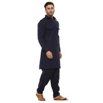 Blue Plain Cotton Kurta Pajama 3