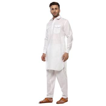 White Plain Cotton Pathani Suit 2