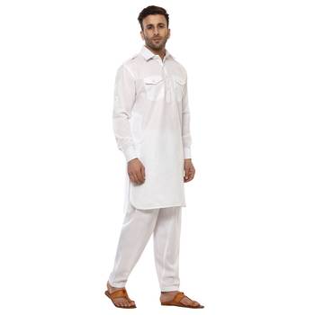 White Plain Cotton Pathani Suit 3