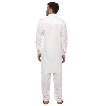 White Plain Cotton Pathani Suit 4