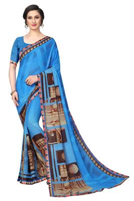 Blue printed georgette saree with blouse 1
