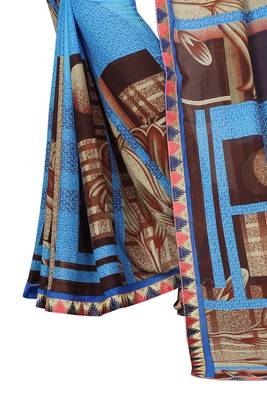 Blue printed georgette saree with blouse 2