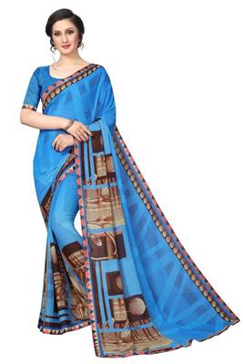 Blue printed georgette saree with blouse 3