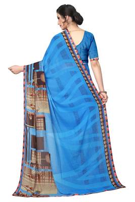 Blue printed georgette saree with blouse 4
